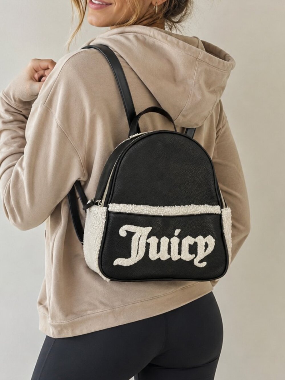Juicy Couture Juicy Flashback Small Backpack Black Faux Sherpa Crossbody Bag Y2K